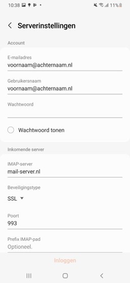 Schermafdruk serverinstellingen in Mail op Android-telefoon