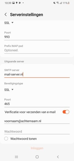 Schermafdruk vervolg serverinstellingen in Mail op Android-telefoon