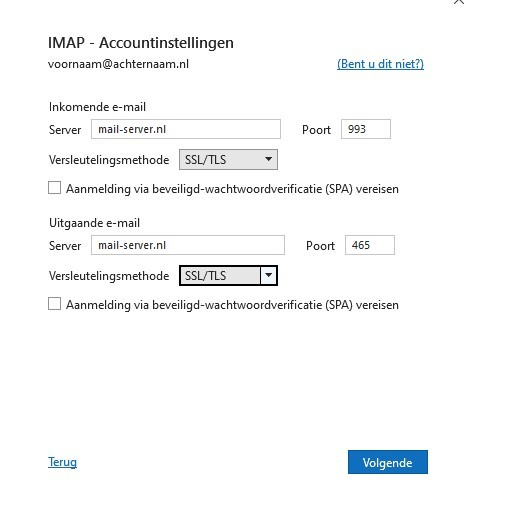 Schermafdruk van IMAP-accountinstellingen