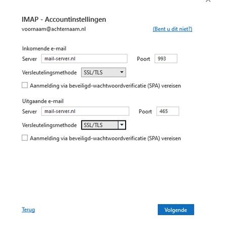 Schermafdruk van IMAP-accountinstellingen met ingevulde gegevens